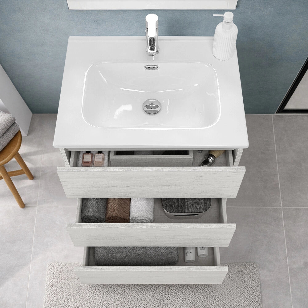 Mobile bagno a terra 60 cm in quercia bianca con lavabo e specchio Leda