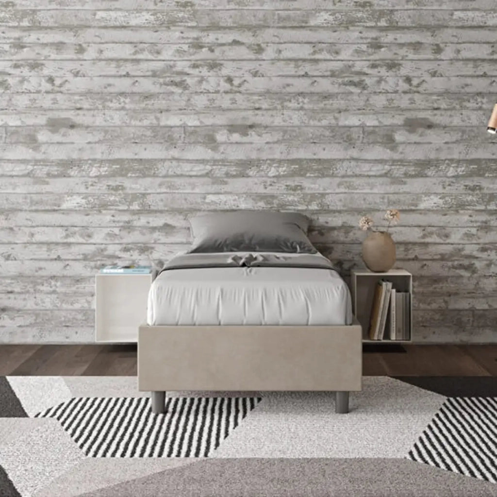 Letto singolo contenitore imbottito 80x200 microfibra sabbia Azelia
