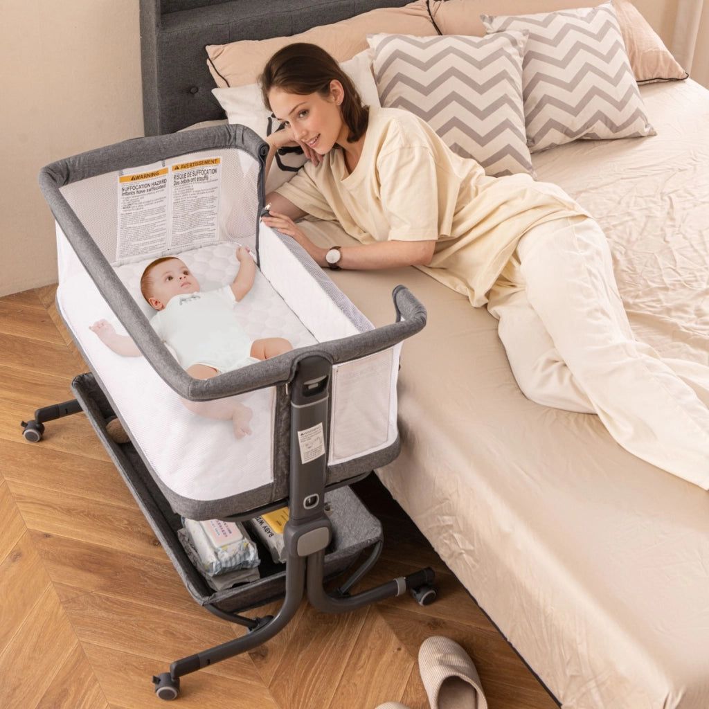 Culla da affiancare per neonati con altezza regolabile a 6 livelli mensola portaoggetti, Culla da letto pieghevole Grigio scuro-Culle