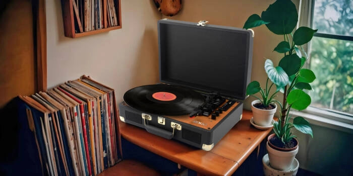 Giradischi portatile valigia con altoparlanti integrati, 3 velocità 33-45-78 RPM, Bluetooth, USB, dischi vinile 7-10-12 pollici - SOGO
