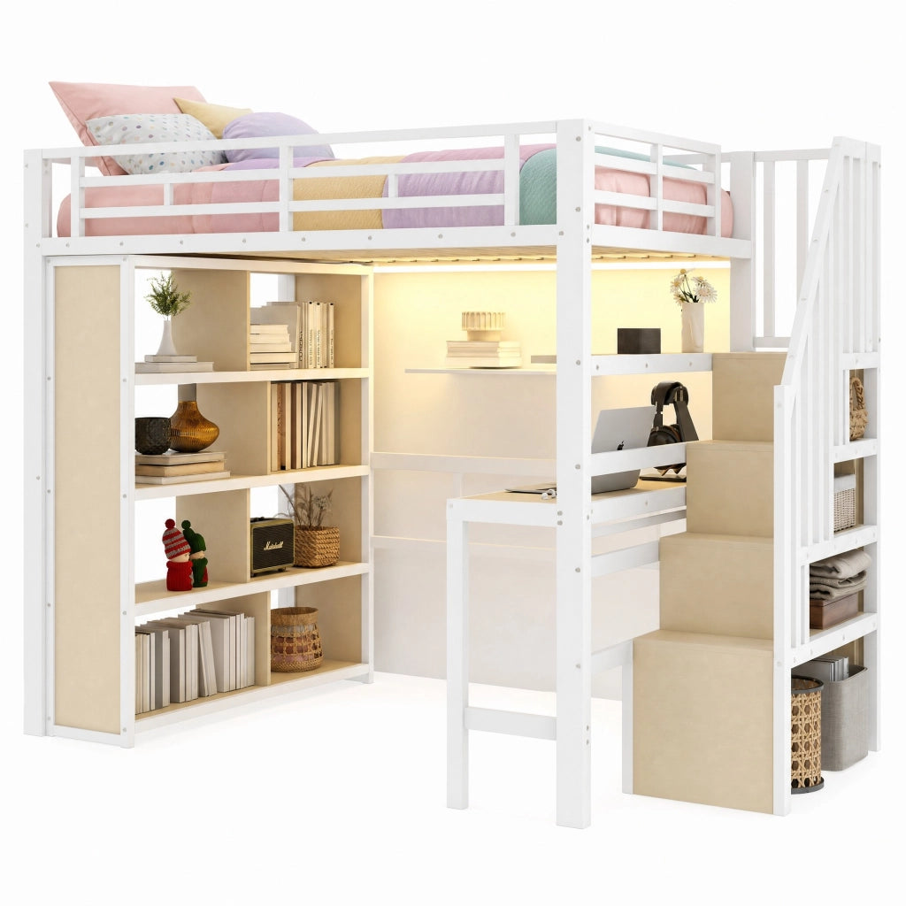 Hochbett 140x200 cm con scrivania; ripiani e LED; in metallo e MDF; bianco