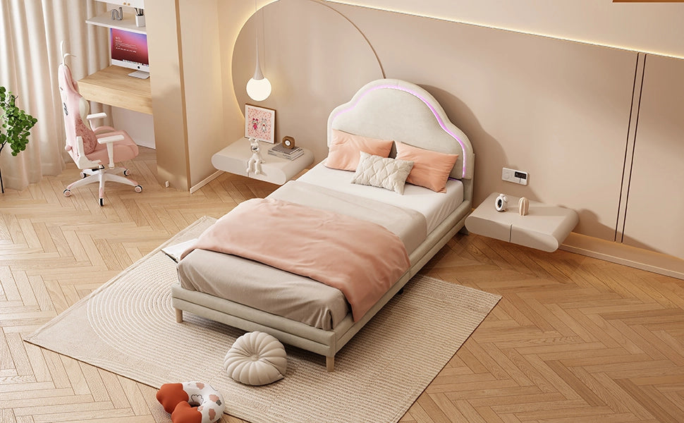 Letto Singolo Imbottito con Testiera LED a Nuvola ¨C MINIMAL ¨C Velluto Beige 90x200