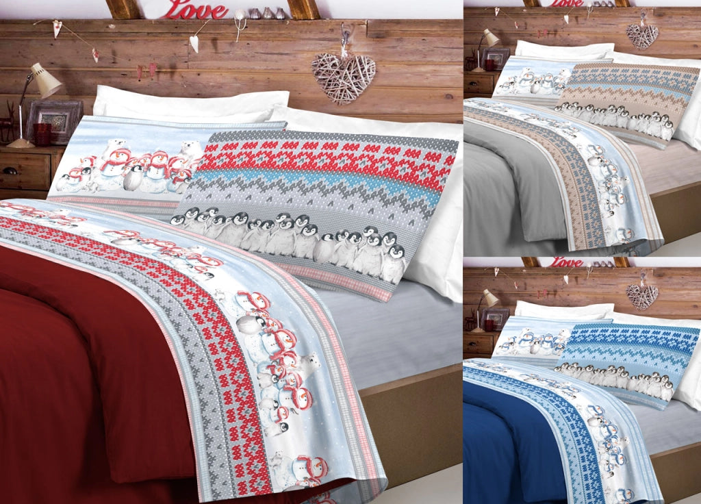Completo Lenzuola Letto Pensieri Delicati 100% Cotone Dis. Inverno Polare - Singolo - Rosso