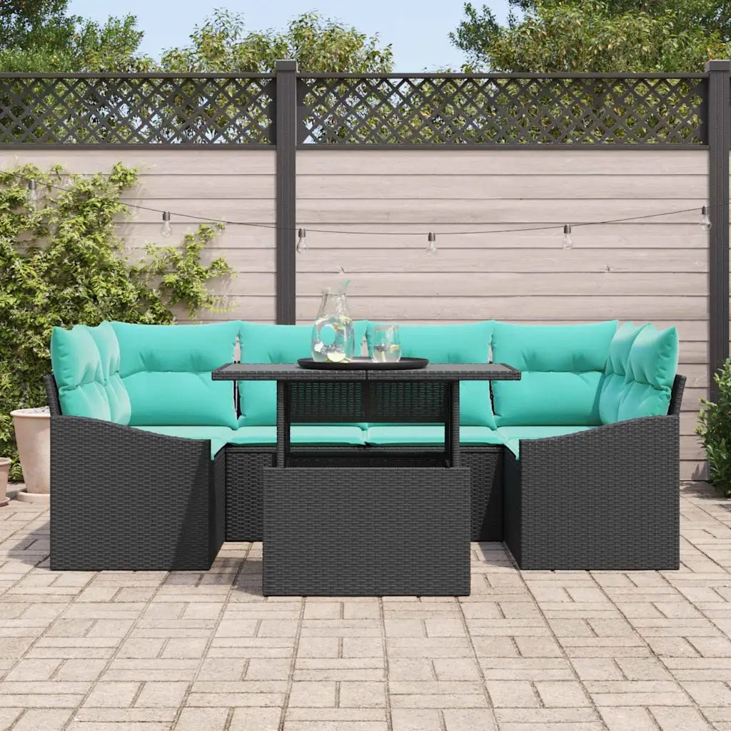 Set Divano da Giardino con cuscino 7 pcs Nero e Blu Poly Rattan 3348942