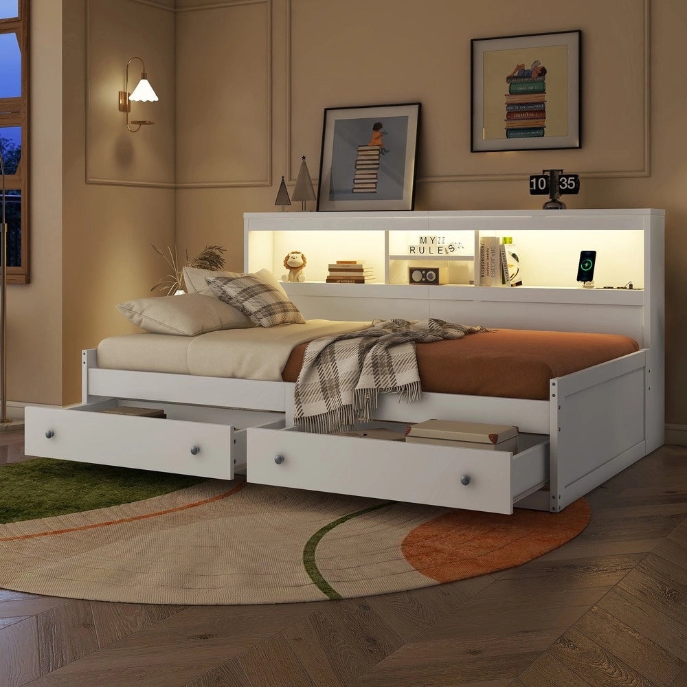 Letto Singolo con Divano, Comodino, LED e Cassetti ¨C MINIMAL ¨C Bianco 90x200