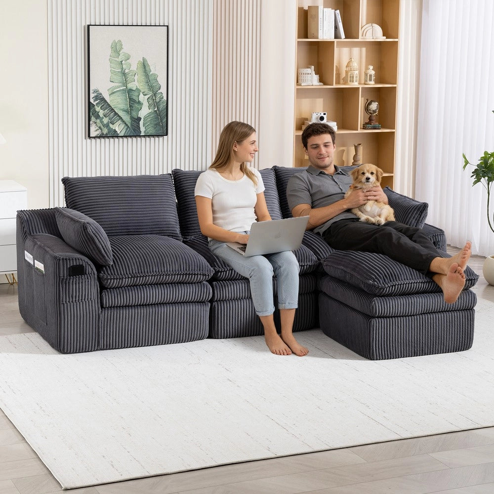 Divano modulare a 3 posti con pouf - Zephmum- Schiuma a 3 strati e nucleo a molle, grigio scuro