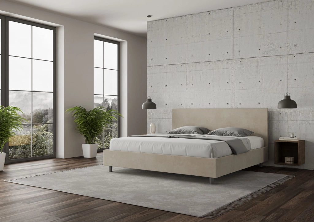 BS COM Letto matrimoniale king size contenitore imbottito 200x210 microfibra sabbia