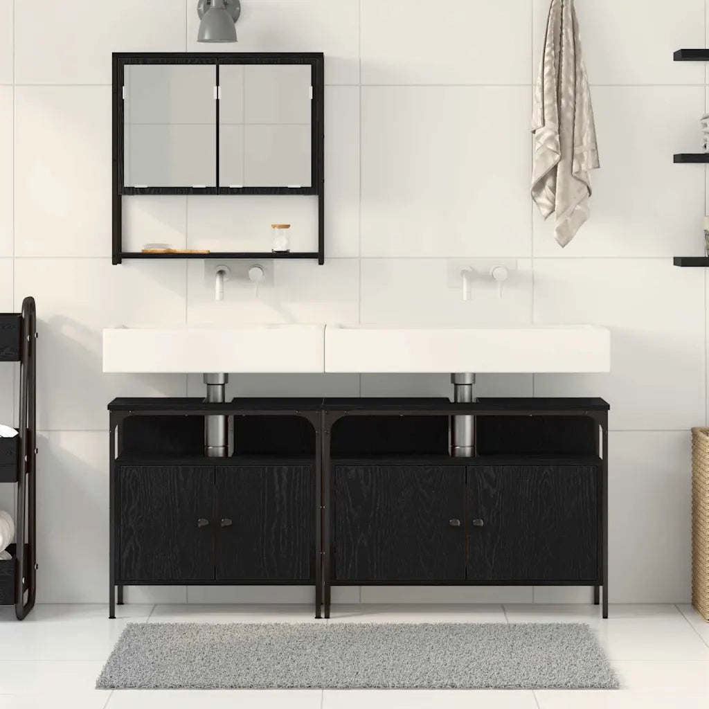 Set di mobili per il Bagno | Armadio da bagno 3 pz Nero Legno multistrato