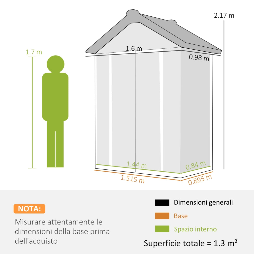 Capanno Giardino 160L x 98P x 217A cm, Plastica, Doppie Porte Bloccabili, Grigio