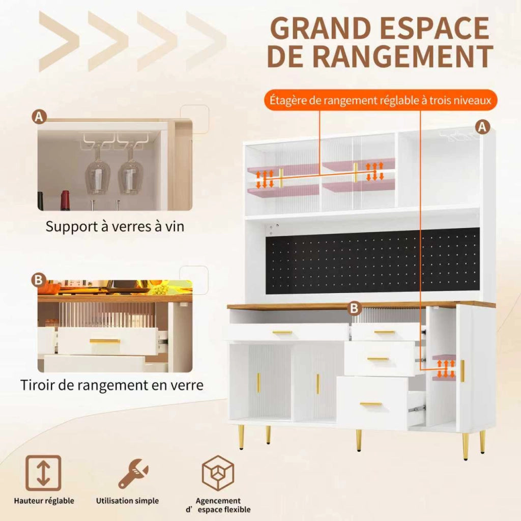 OKWISH Credenza Alta da Cucina con Porta Scorrevole in Vetro, Ripiani Regolabili e LED, MDF, Bianco, 145×39×171 cm