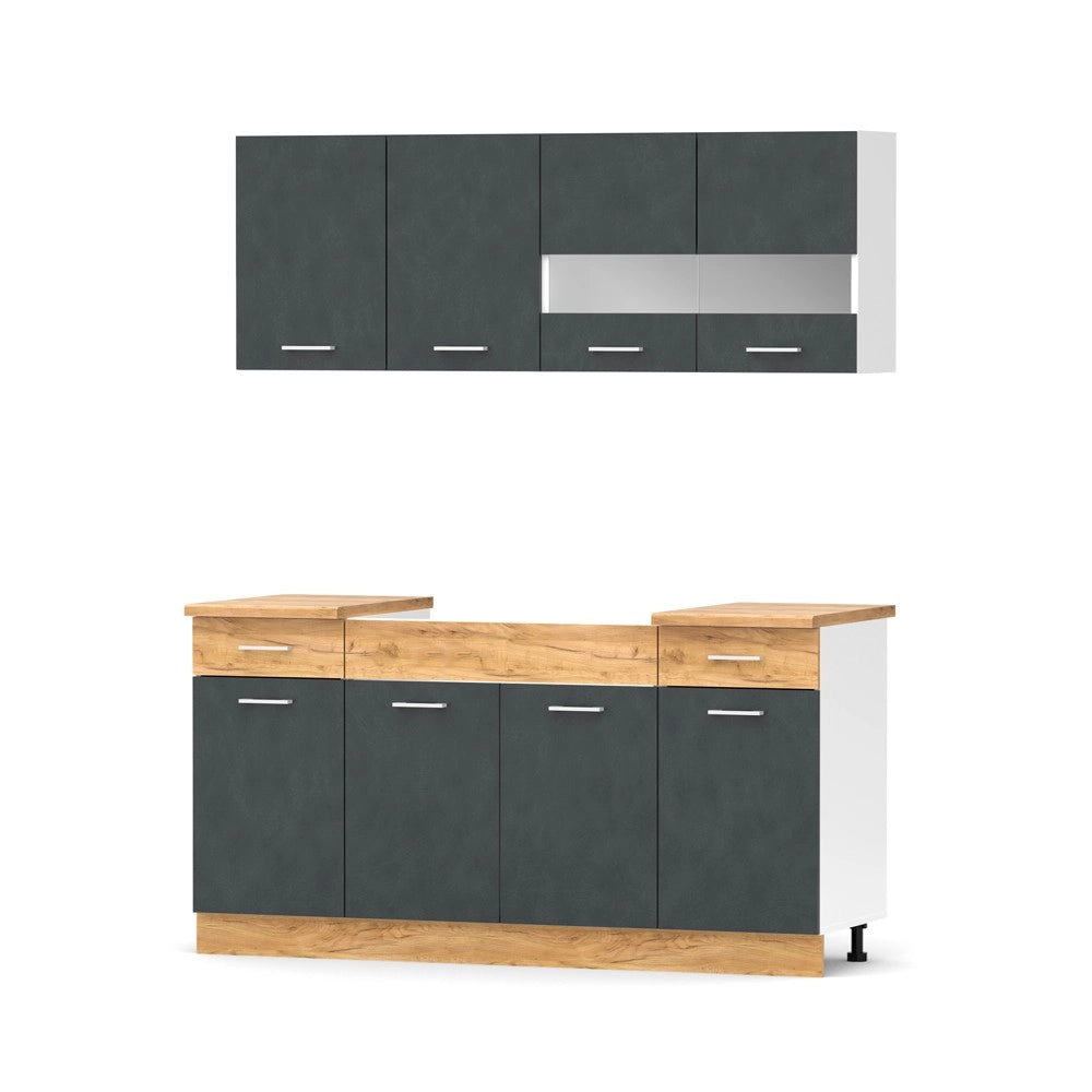 Cucina monoblocco 160 cm ERIKA grigio e rovere con lavello e pensili
