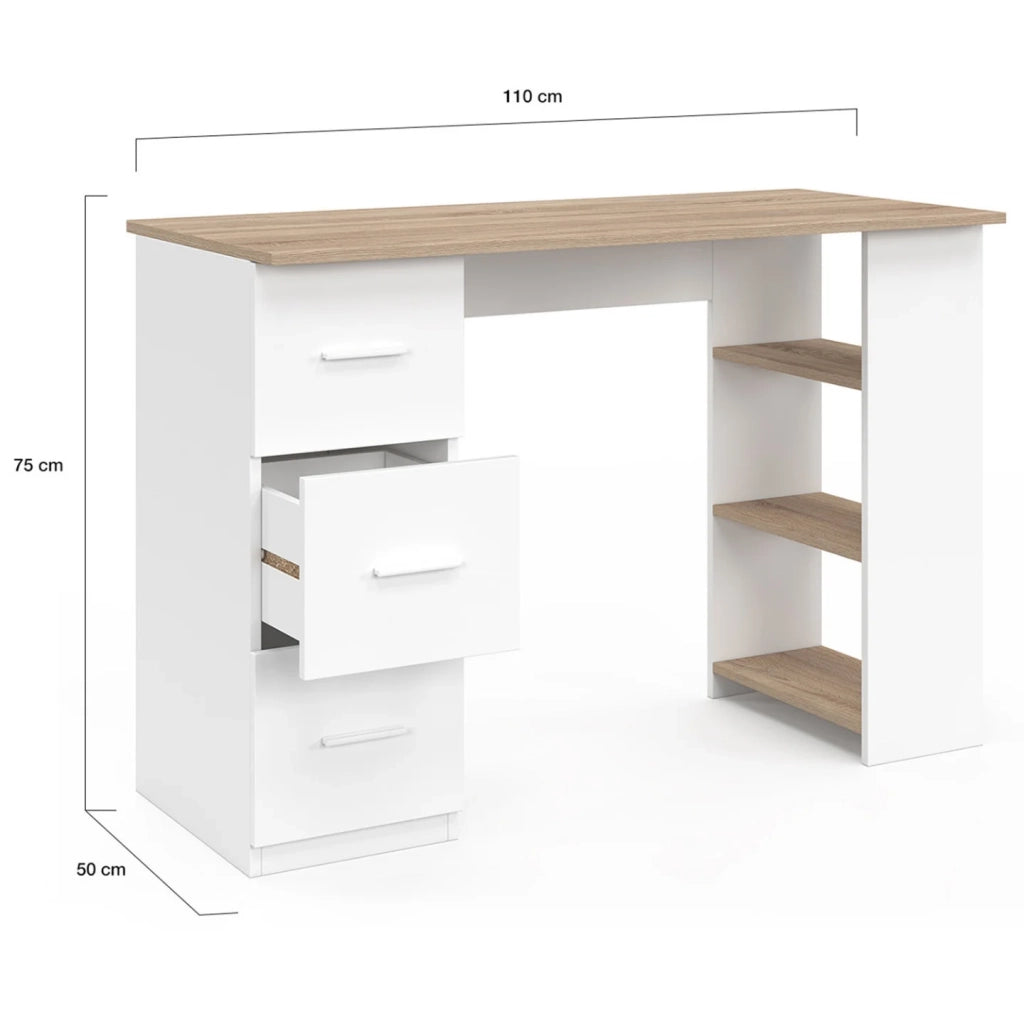 IDMarket - MAE Scrivania dritta a 3 cassetti con ripiani in legno e bianco