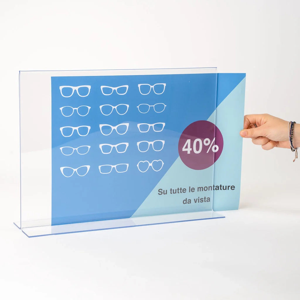 Porta avvisi con base a T da banco Bifacciale - A4 verticale