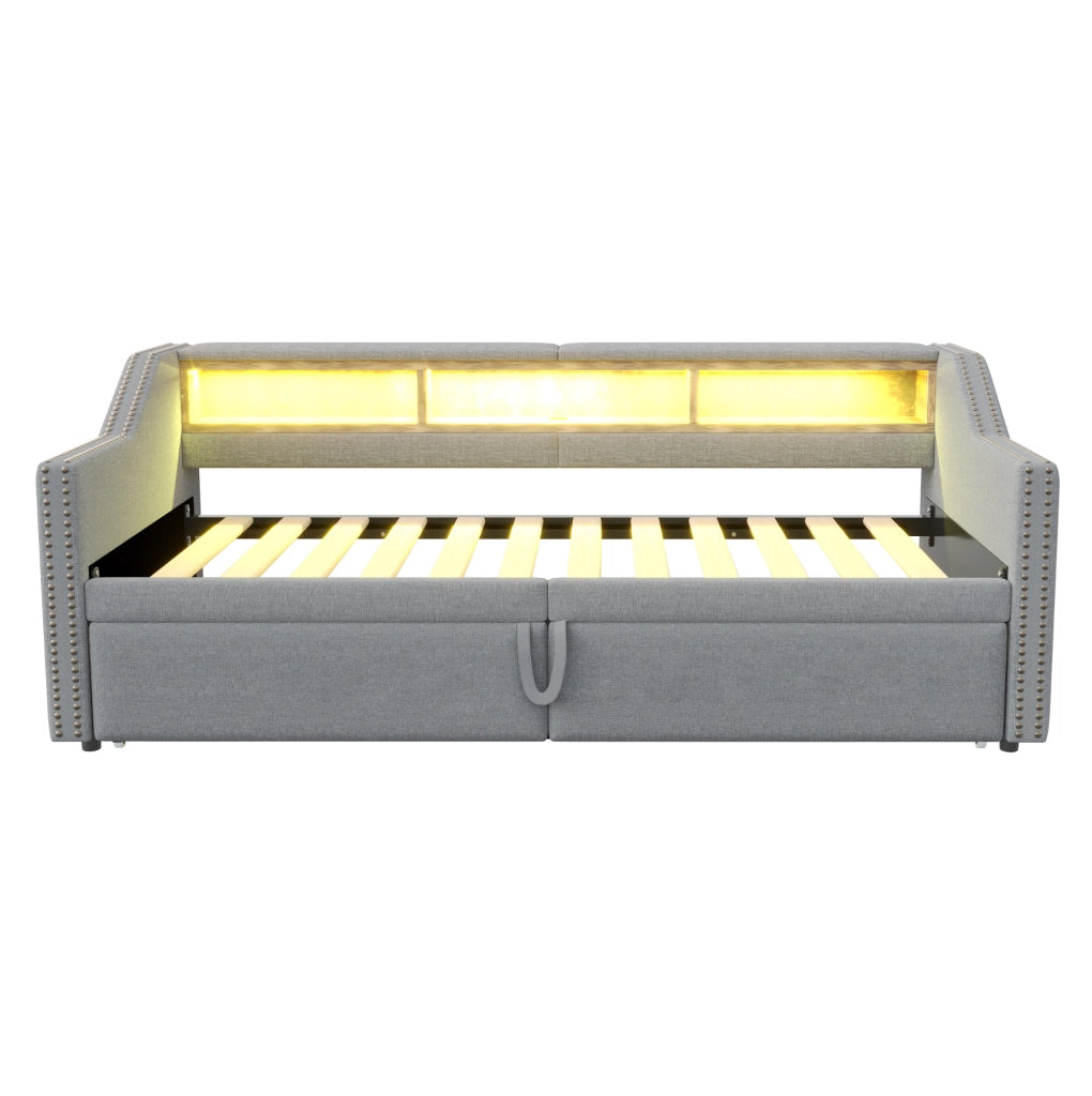 Divano letto 90x200 cm estraibile fino a 180x200 cm con vani portaoggetti; LED e USB grigio chiaro