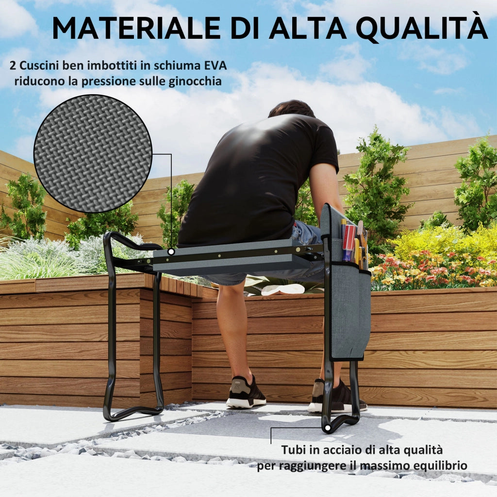 Sedia Inginocchiatoio 2 in 1 in Acciaio con Borsa Portaoggetti e Cuscino in EVA, 58x28x49 cm, Grigio e Nero