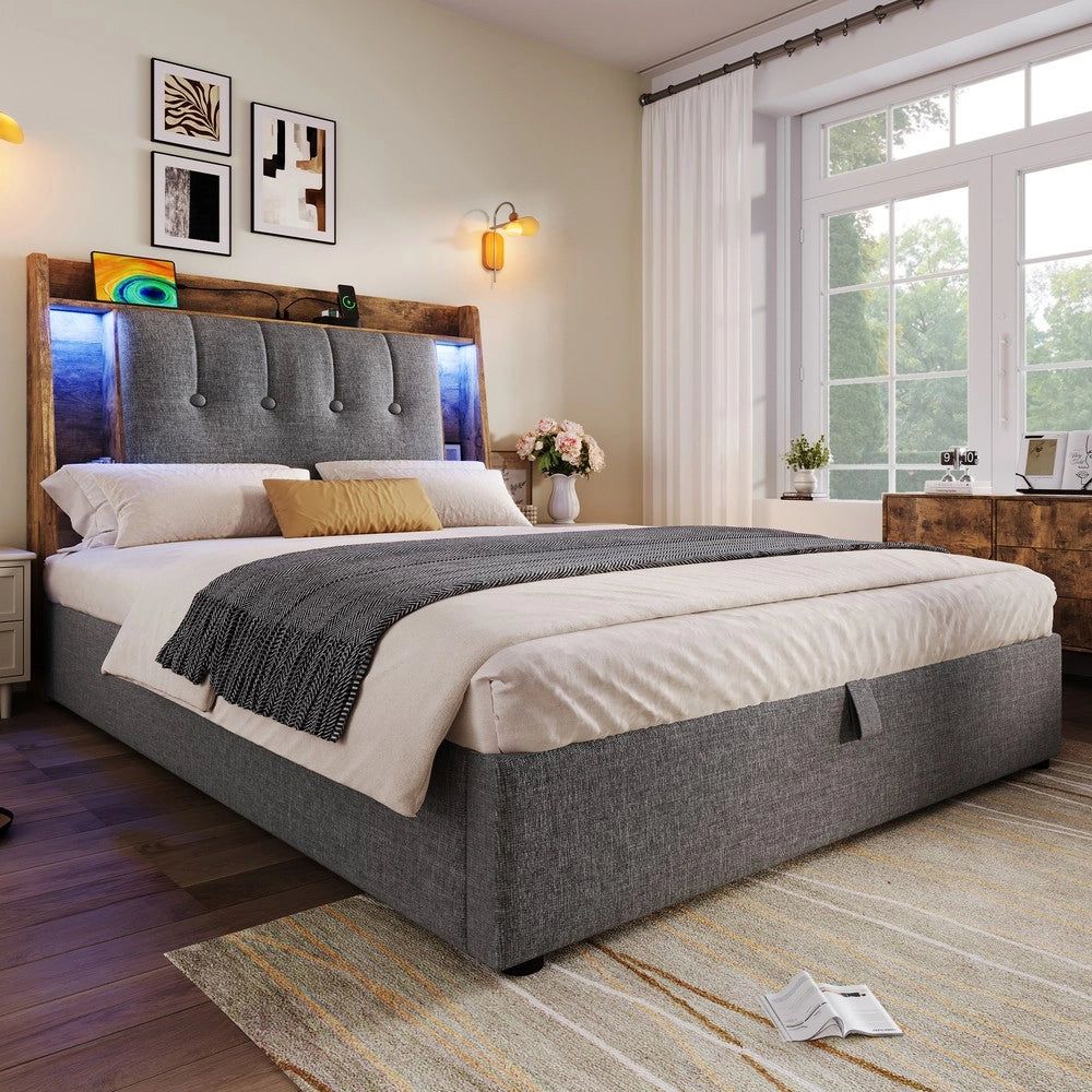 Letto Imbottito con LED e Contenitore ¨C MINIMAL ¨C Grigio, 90x200 cm