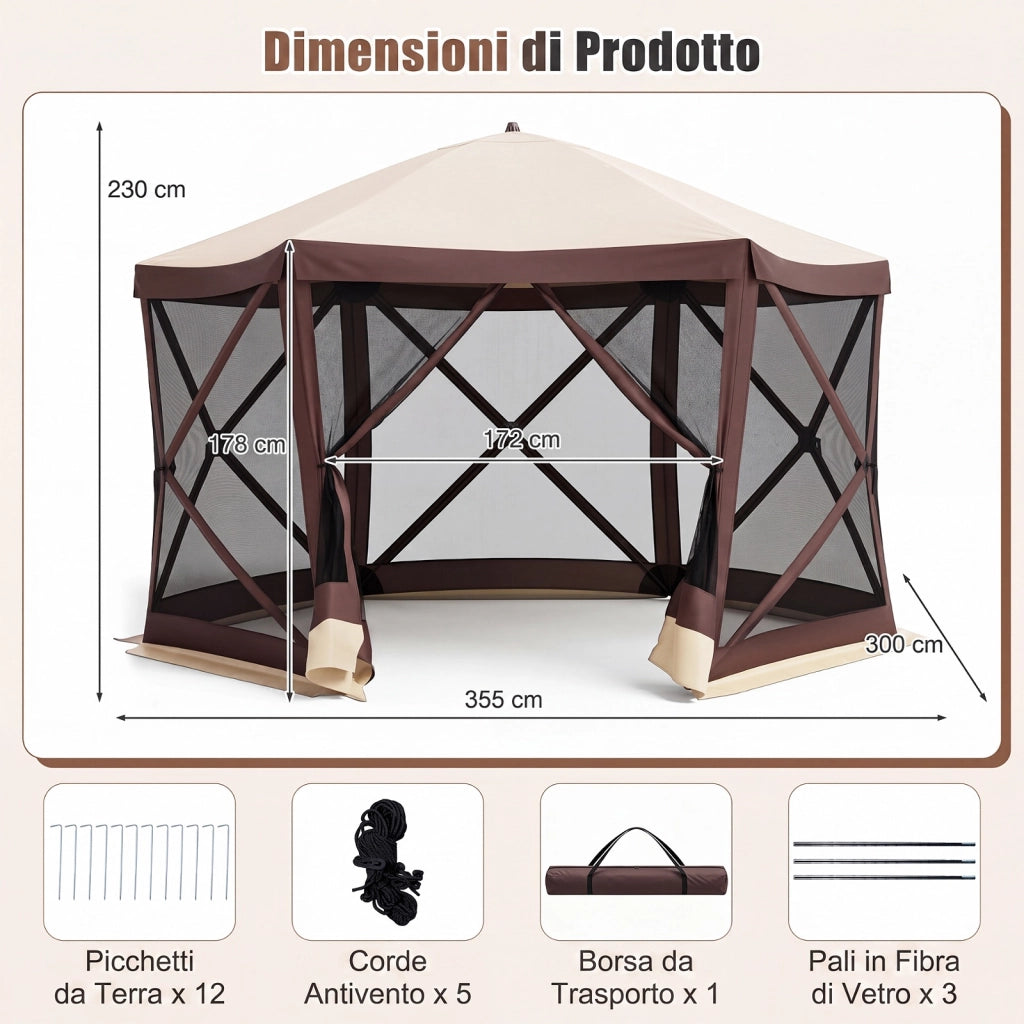 Gazebo da giardino con telaio in fibra di vetro pareti in rete 2 borse e 11 picchetti, Gazebo da esterno pieghevole L