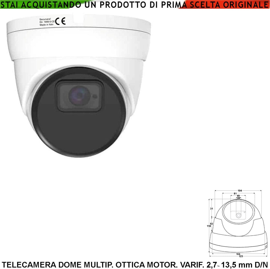 Telecamera Dome Multicontrollo 5MPX Day Night Ottica Varifocale 2,7~13,5 mm IP67 Luce Minima 0,05 Lux per Immagine a Colori Auto Shutter 4 LED IR Attivazione Automatica Illuminatore Notturno 40 Metri