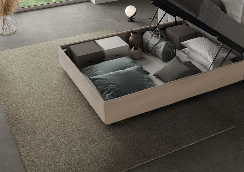BS COM Letto matrimoniale francese contenitore imbottito 140x210 microfibra sabbia