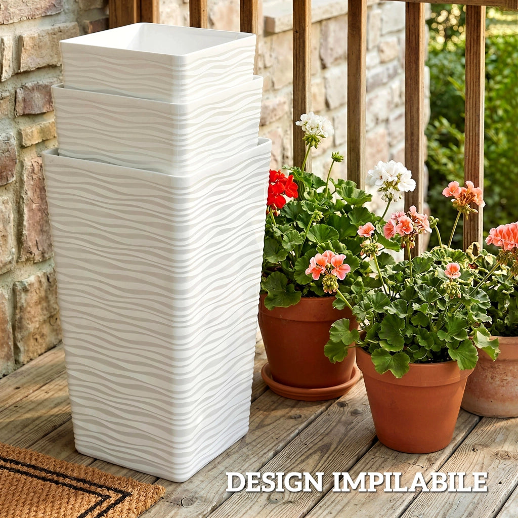 Vasi da Giardino Impilabili con Motivo Ondulato ¨C Zephmum ¨C Plastica Bianco 42/55/65 cm