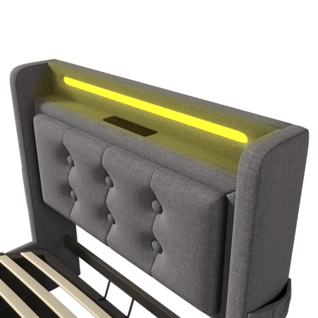 LETTO Imbottito 90x200 cm Grigio con LED e prese USB