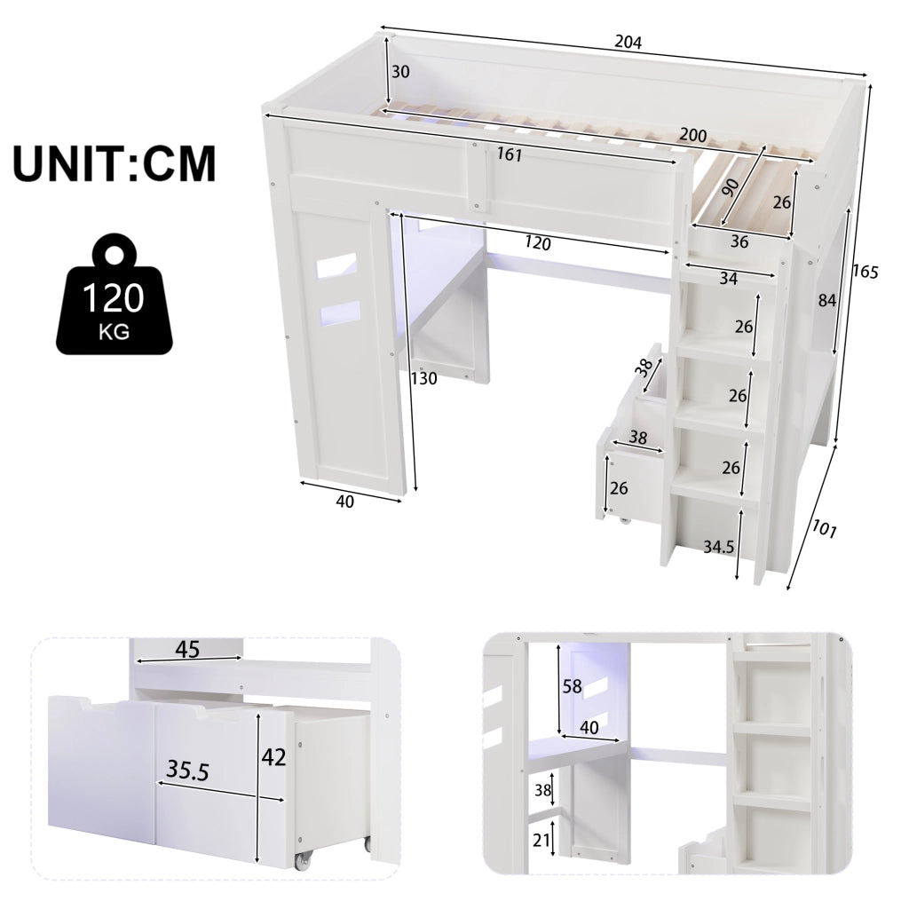 Letto a soppalco 90x200 cm con scrivania, LED, USB e Type-C, 2 cassetti, bianco