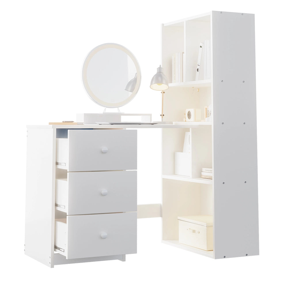 Scrivania angolare con libreria 117 ¡Á 63 ¡Á 135 cm, 4 ripiani e 3 cassetti, bianco