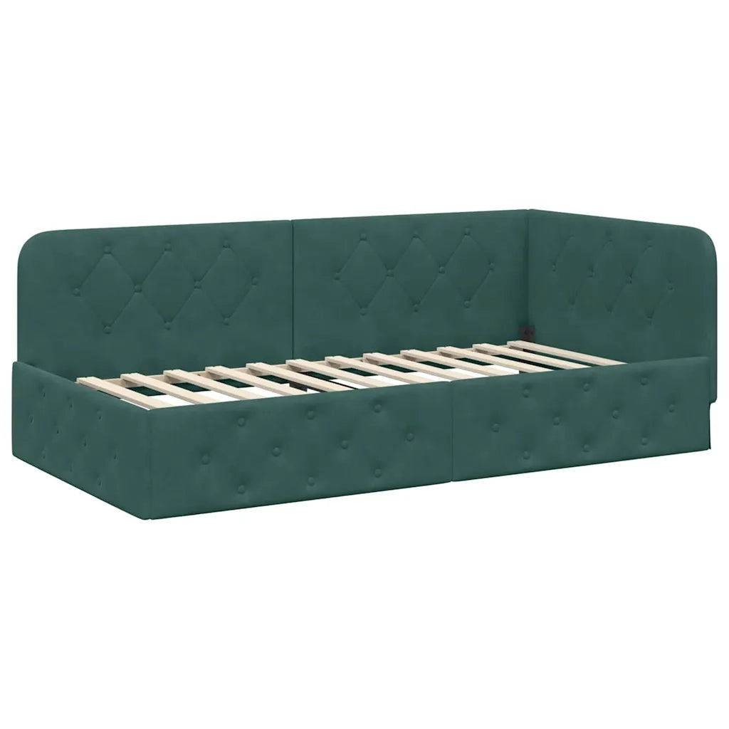 Cornice del letto ad angolo Verde Scuro 90 x 190 cm Velluto