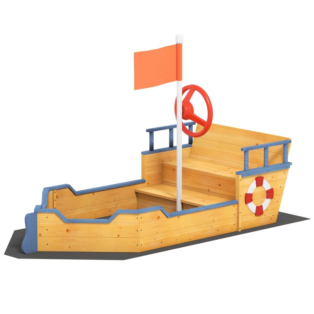 Arenero per Bambini in Legno con Bandiera e Timone ¨C zephmum ¨C Naturale 158x78x45,5 cm