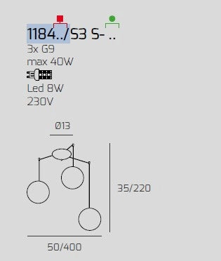 SOSPENSIONE CROMO 3 LUCI SPOSTABILE VETRI RAME 1184CR-S3 S-RA