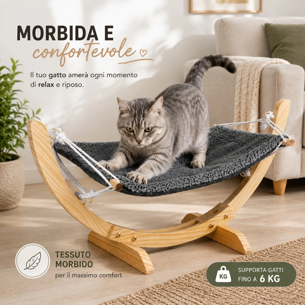 Cuccia Amaca per Gatti 72x35x10 cm Portata Max 6 kg Struttura in Legno Cuscino Grigio