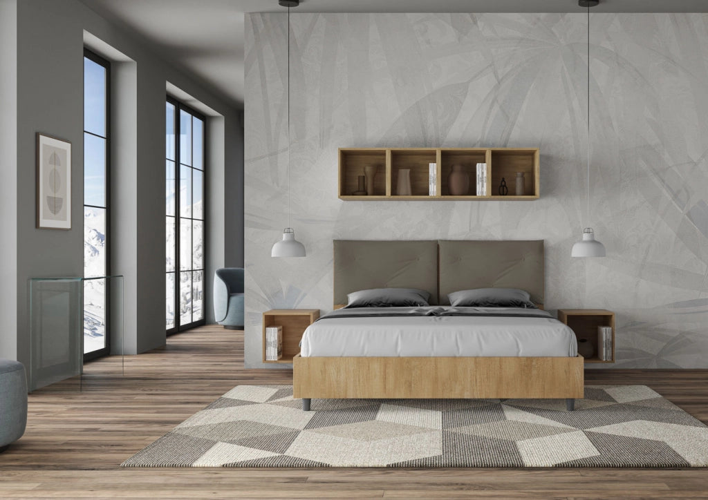 BS COM Letto matrimoniale con rete 160x190 Quercia cuscini similpelle cappuccino