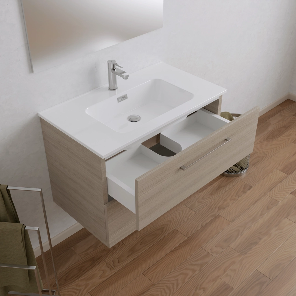 Mobile da bagno sospeso 100cm rovere chiaro con lavabo e specchio | Hana
