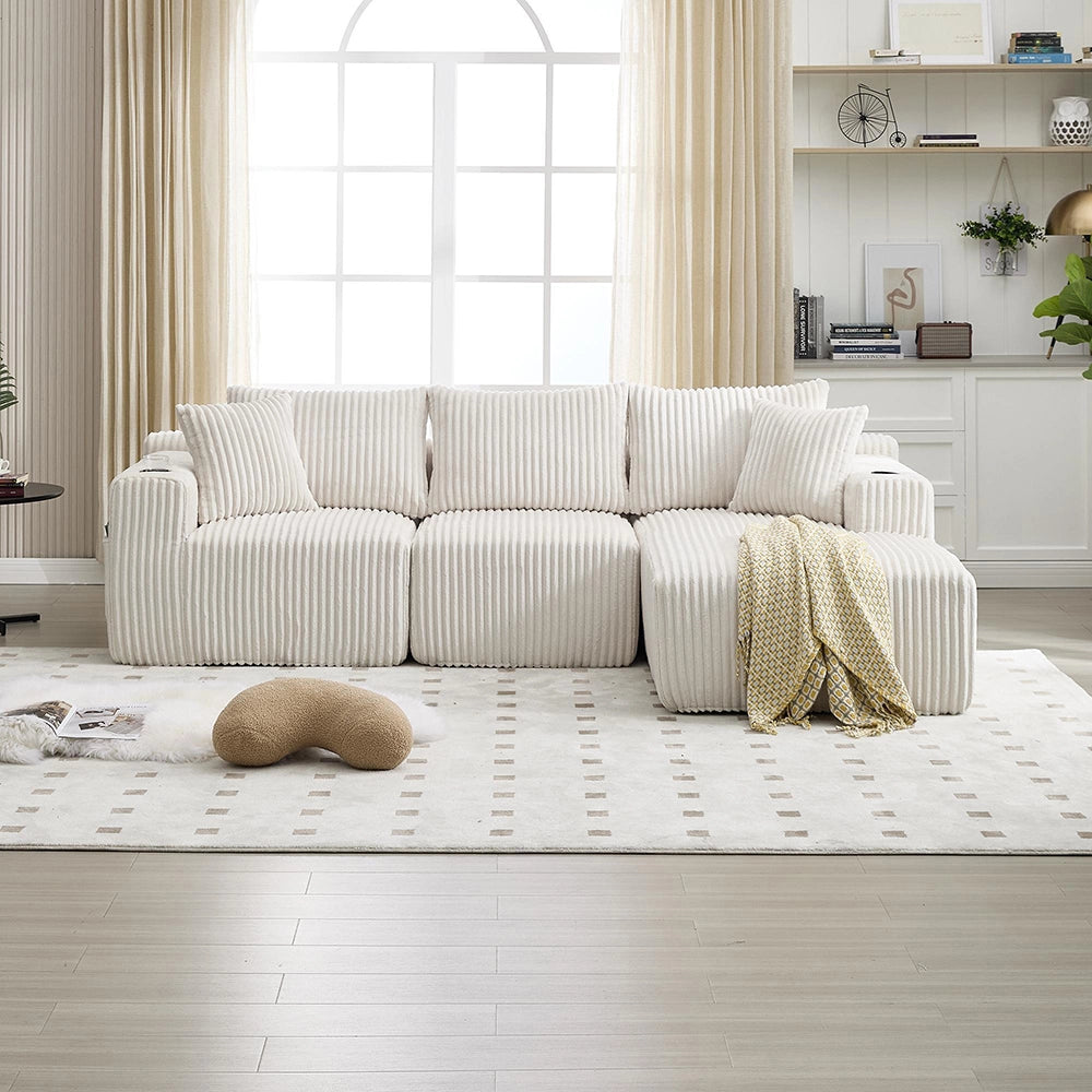Divano modulare con chaise longue e 2 posti - Xylo - Velluto costato, 5 cuscini, portaoggetti e bevande