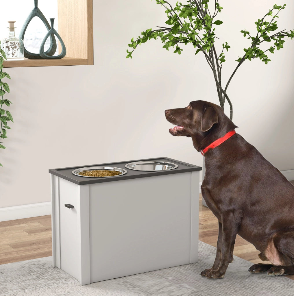 Stazione pappa per cani rialzata con vano contenitore e 2 ciotole in acciaio inox, bianca