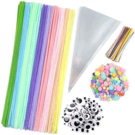 Set di accessori per hobby - 600 pezzi - Chenille - Pomponi - Fiocchi - Occhi adesivi - Materiale per hobby