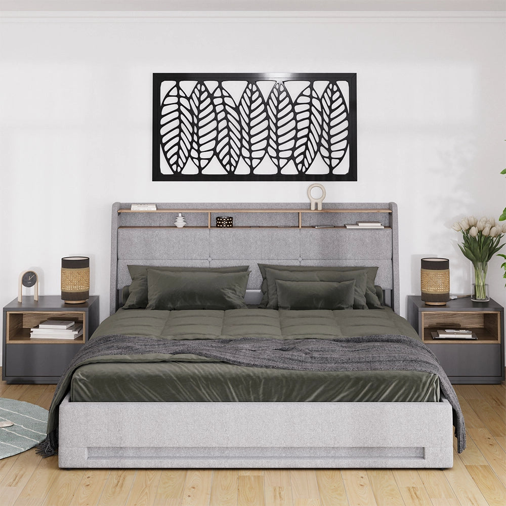 Vitalispa Letto imbottito Grigio/quercia 180x200 con LED e porta USB