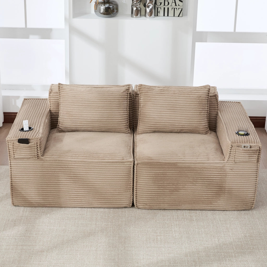 Divano Modulare 2 Posti con Portabicchieri e Tasche Laterali, Seduta con Molle, in Velluto a Coste Cachi 188 × 90 × 75 cm