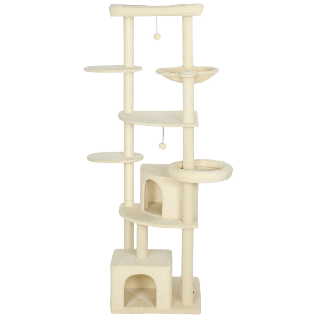 Tiragraffi per gatti multilivello 200cm ¨C Xylo ¨C con 2 casette, 2 lettini e amaca, beige