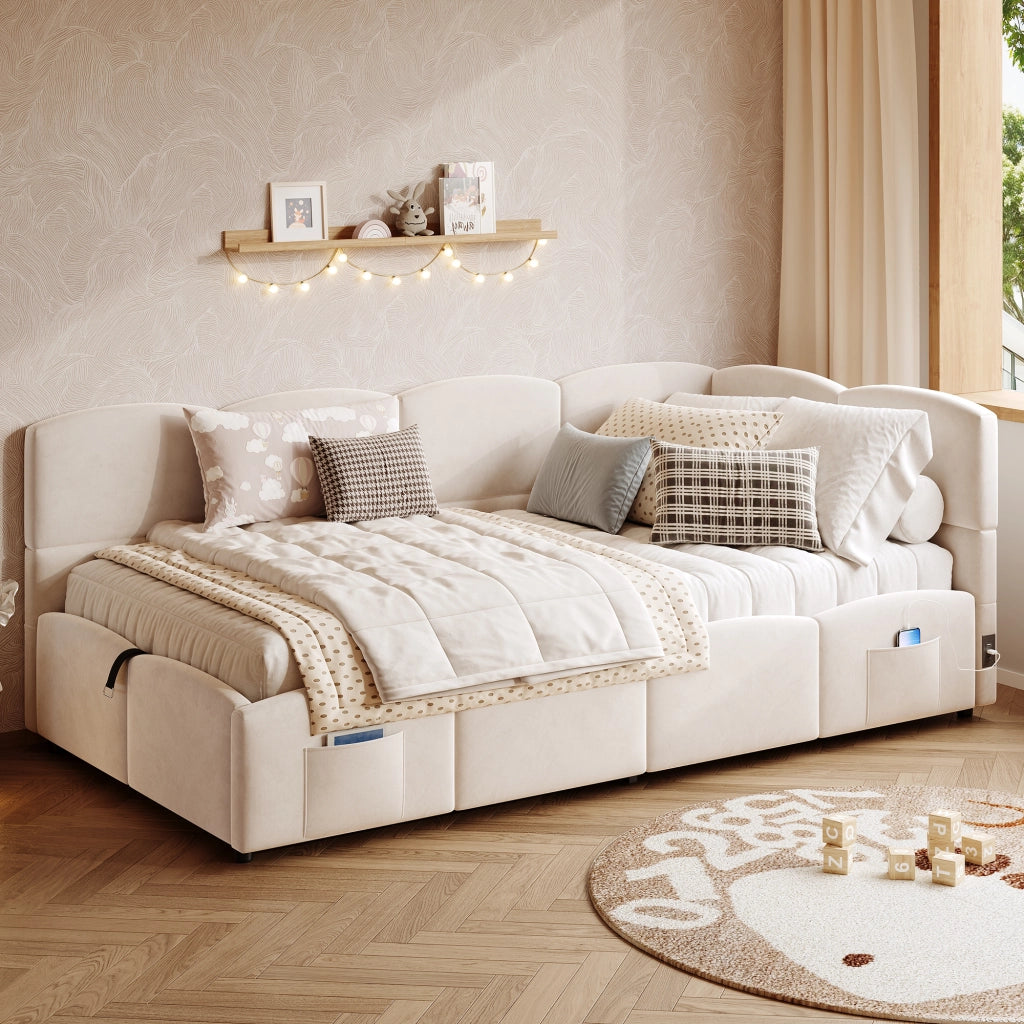 LETTO Contenitore Idraulico 90x200 cm Velluto Beige