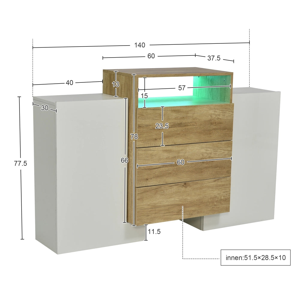 Sideboard moderno - Zephmum - 140cm - Bianco lucido e colore legno - Effetti luce LED multicolore