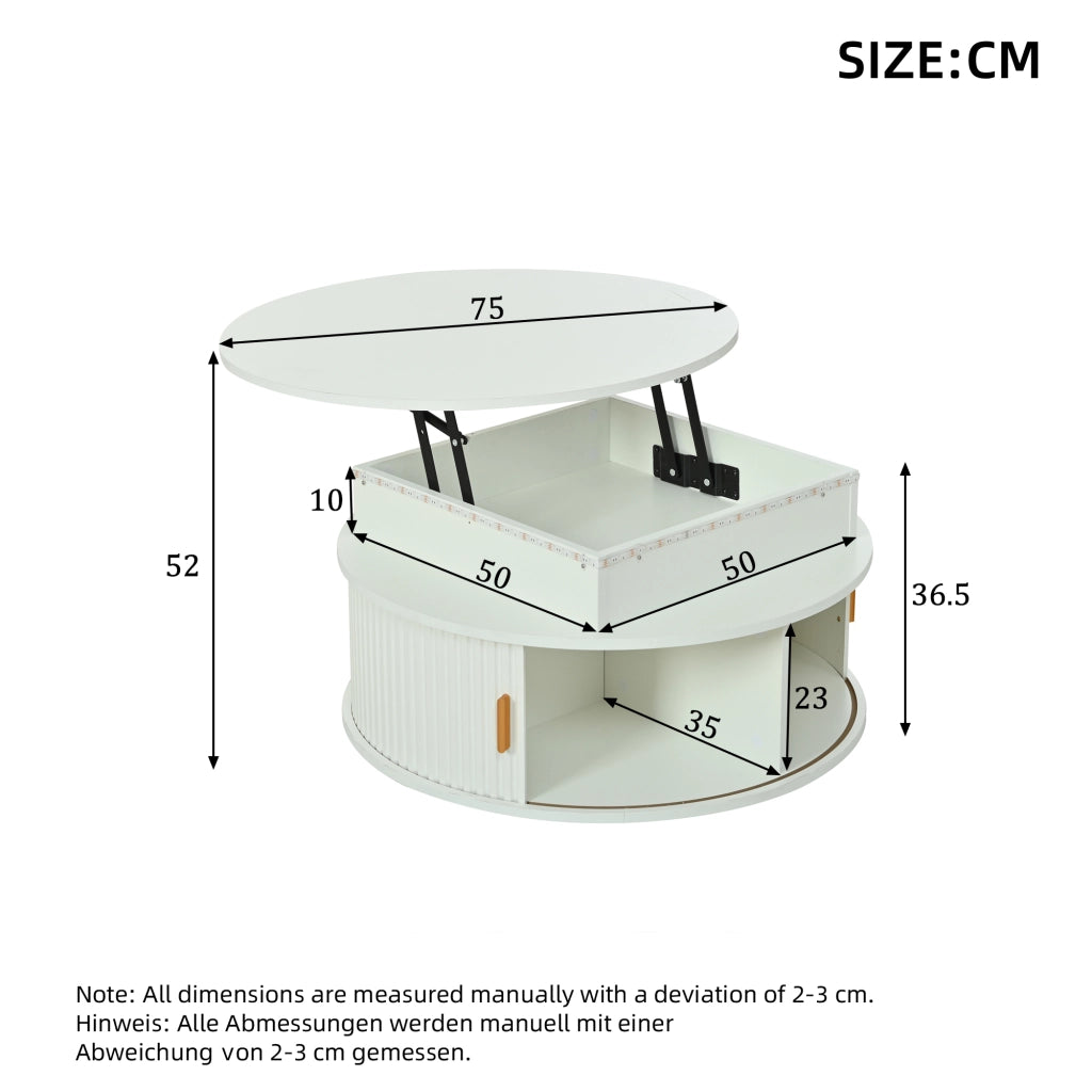 Tavolino da caffè rotondo bianco 75 cm regolabile in altezza con LED e vano contenitore