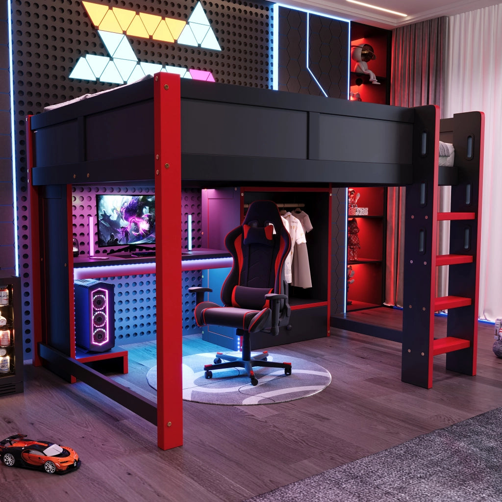 LETTO A CASTELLO gaming 140x200 cm nero e rosso con scrivania, armadio e ripiani