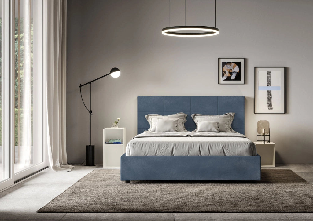 Letto queen size contenitore imbottito 150x190 microfibra sabbia Mika
