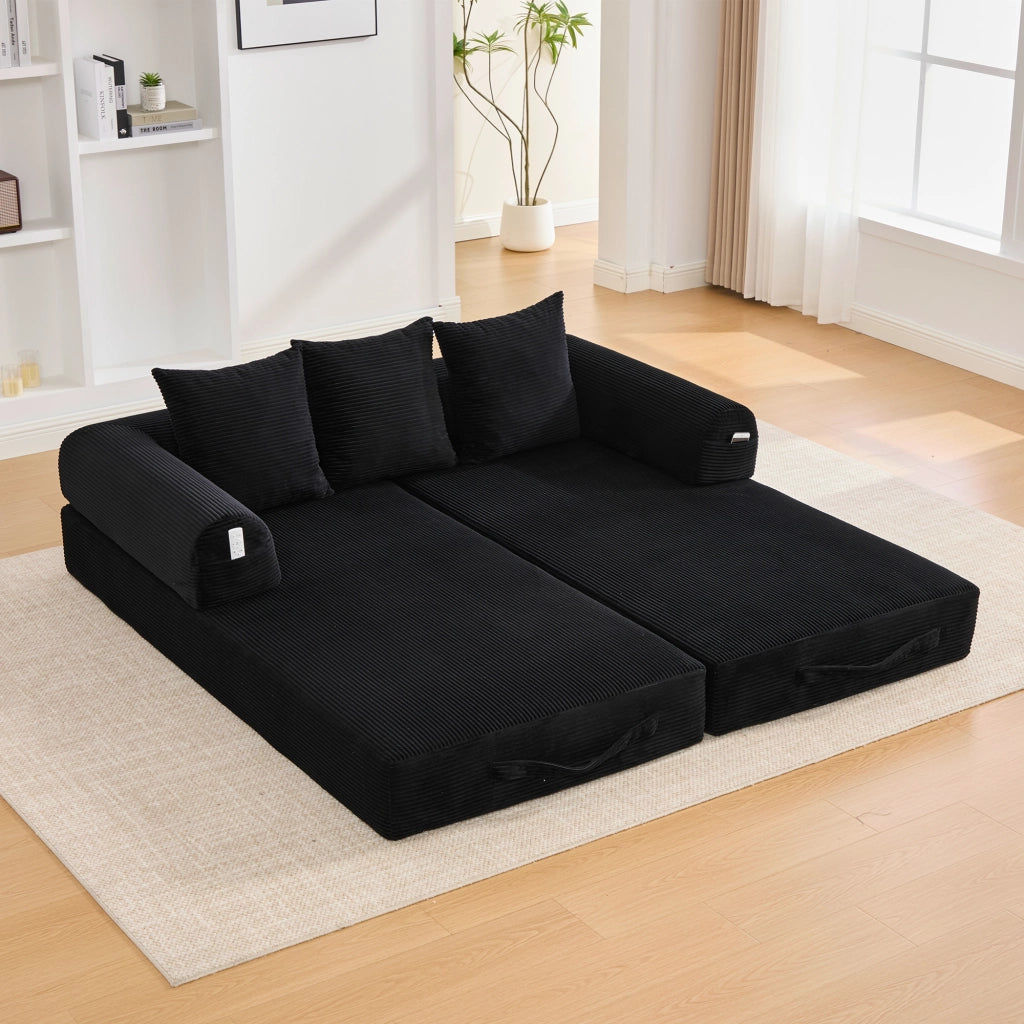 DIVANO modulare 200x94x67 cm in velluto a coste nero con 3 cuscini