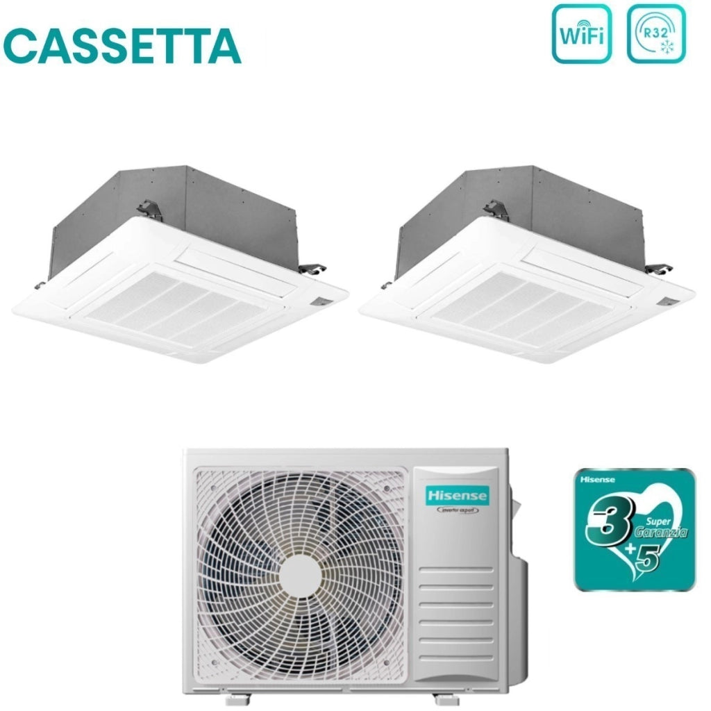 Climatizzatore Condizionatore Hisense Dual Split Inverter a Cassetta 9+9 con 2AMW52U4RXC R-32 Wi-Fi Optional 9000+9000 con Telecomando e Pannello Incluso
