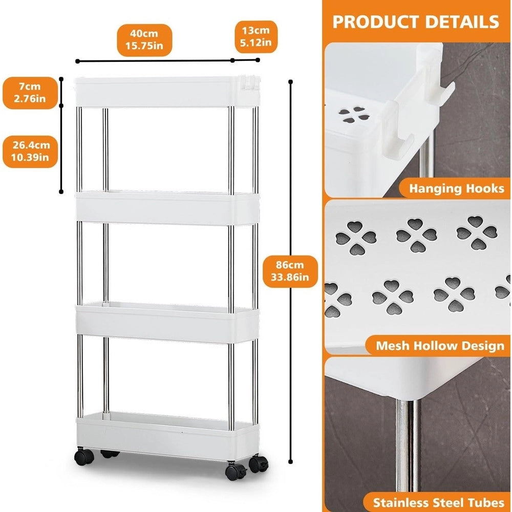 Trade Shop - Carrello Portaoggetti 4 Livelli Salvaspazio A 4 Ruote Scaffale Per Cucina Bagno -