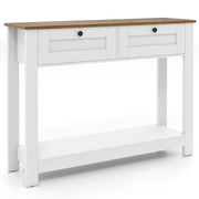 Tavolo da ingresso stretto da 106 cm con ripiano aperto per soggiorno, Tavolo consolle in stile casale con 2 cassetti Bianco