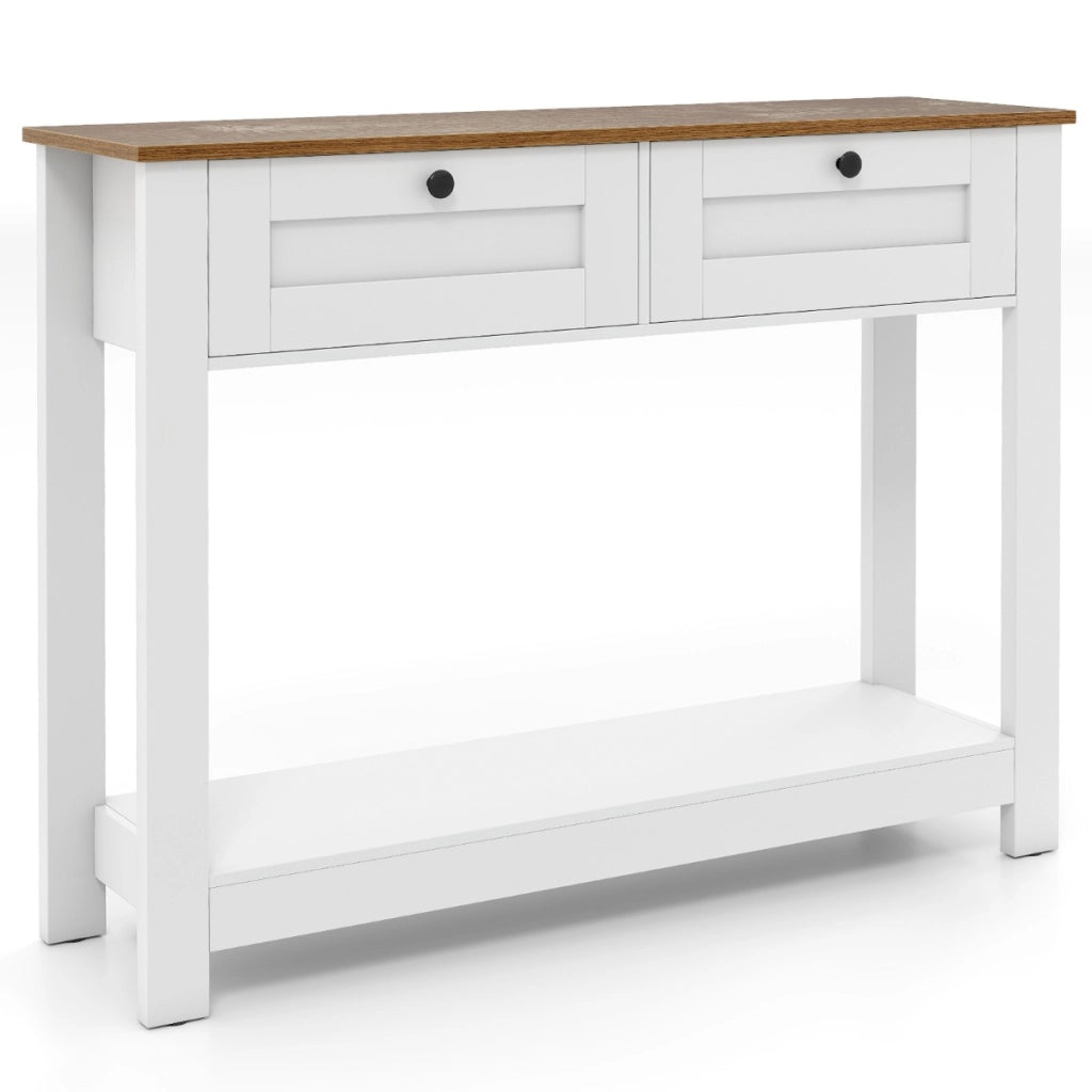 Tavolo da ingresso stretto da 106 cm con ripiano aperto per soggiorno, Tavolo consolle in stile casale con 2 cassetti Bianco