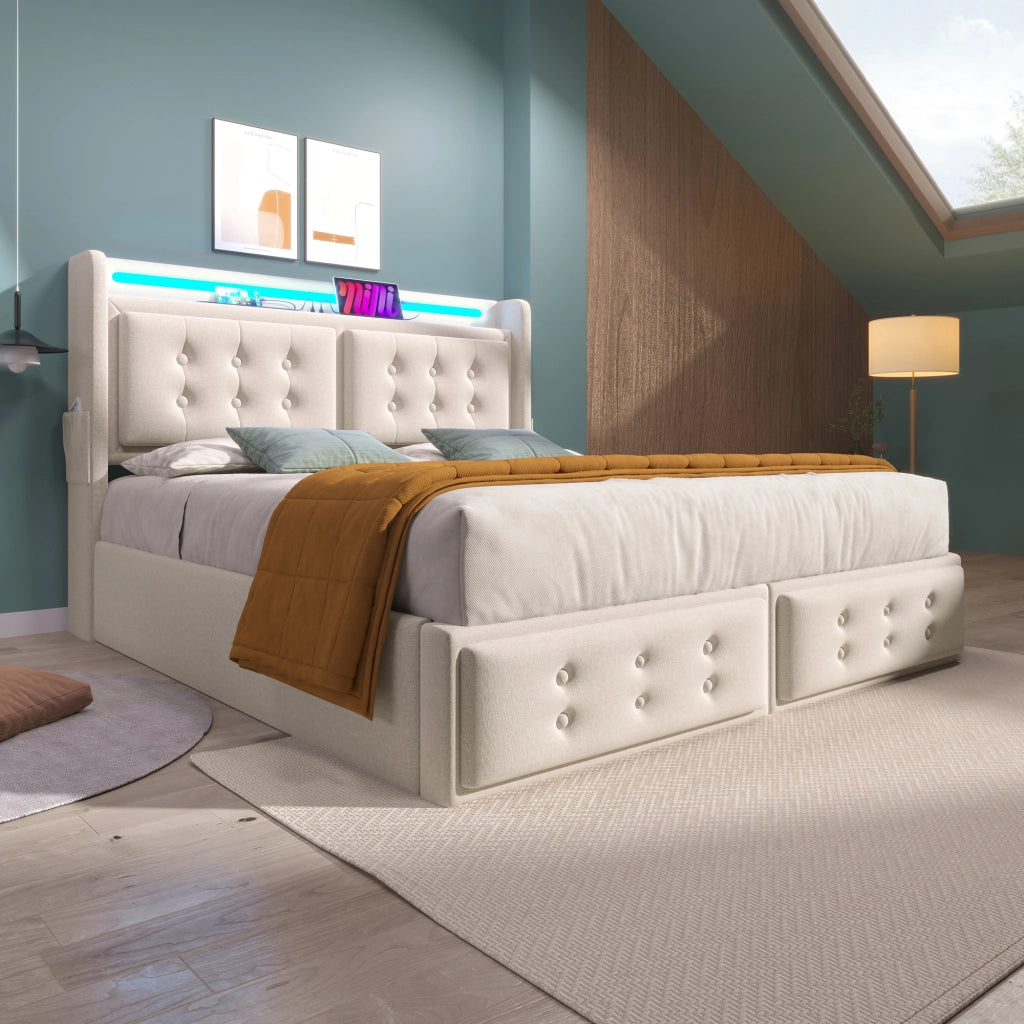 OKWISH Letto Contenitore 140×200 cm, Letto Matrimoniale con LED Regolabile, USB, Type-C e Prese, senza Materasso, in Tessuto Cotone Lino, Beige